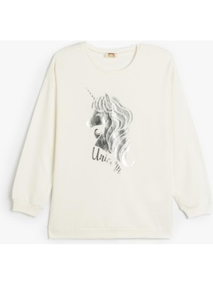 Vionna Koton Sweatshirt Unicorn Baskılı Uzun Kollu Bisiklet Yaka Pamuklu