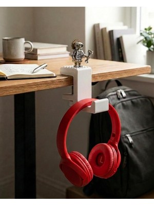 Vionna Atalarstudio Kulaklık Standı Masa Kenarı Kıskaç Tutucu, Mini Figür Sergi Yüzeyli, 18-33MM Masa Uyumlu, Vidalı Sıkıştırma Sistemi, Oyun ve Ofis Masası Aksesuarı, 3D Baskı, Beyaz