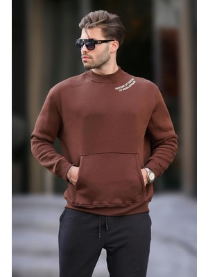 Vionna Madmext Acı Kahverengi Bisiklet Yaka Nakış Detaylı Cepli Erkek Sweatshirt 7049,ACI Kahverengi L