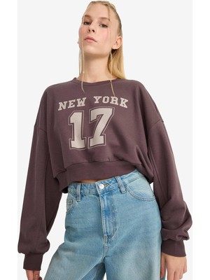 Vionna Defacto Crop Bisiklet Yaka Baskılı Kalın Sweatshirt F8006AX25AU