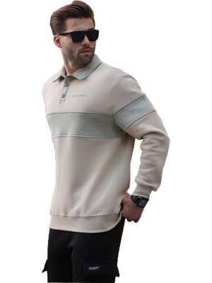 Vionna Madmext Bej Polo Yaka Renk Bloklu Erkek Sweatshirt 7072,BEJ M