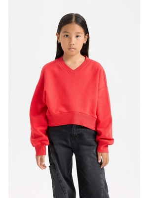 Vionna Defacto Cropped Fit V Yaka Basic Düz Sweatshirt Kız Çocuk D7047A824WN