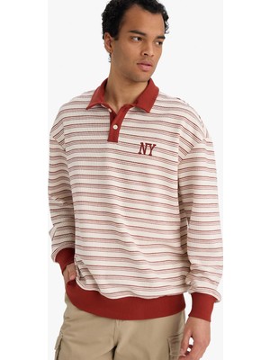 Vionna Defacto Boxy Fit Polo Yaka Baskılı Çizgili Sweatshirt G7003AX25WN