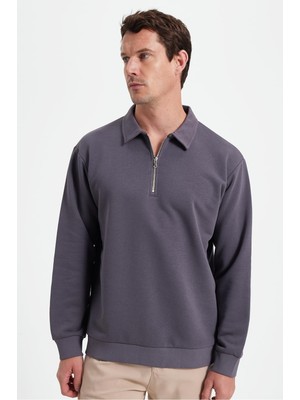 Vionna Tudors Erkek Relax Fit Pamuklu 3 Iplik Fermuarlı Polo Yaka Sweatshirt, Koyu Gri, M
