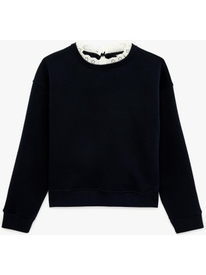Vionna Üç Iplik Şardonlu Uzun Kollu Dantel Detaylı Bisiklet Yaka Sweatshirt