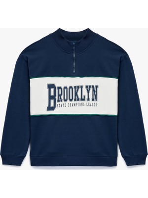 Vionna Şardonlu Baskılı Uzun Kollu Fermuar Detaylı Dik Yaka Oversize Sweatshirt
