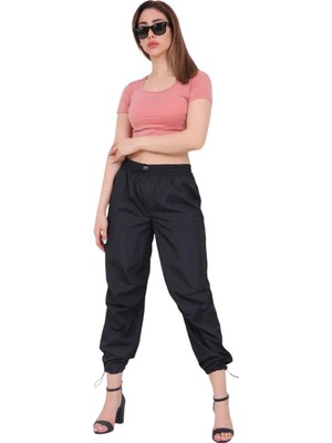 Vionna Paraşut Kumaş Paçası Lastikli Pantalon (Siyah, M)