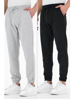 Vionna By Comeor Siyah-Gri 2'li Erkek Eşofman Altı Etiketli Arka ve Yan Cepli Regular Fit Lastik Paça Siyah-Gri Xs