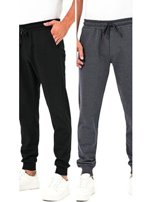 Vionna By Comeor Kalın Siyah-Antrasit Erkek 2'li Eşofman Altı Jogger Arka Cepli Paça Lastikli Regular Fit Şardonsuz CMRE97 Gri-Lacivert Xl