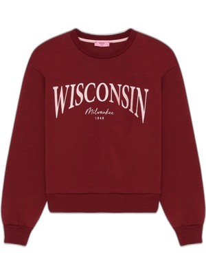 Vionna Wisconsin Baskılı Bisiklet Yaka Oversize Sweatshirt Mürdüm
