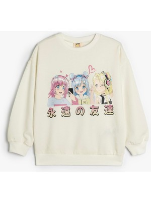 Vionna Sweatshirt Anime Baskılı Uzun Kollu Bisiklet Yaka Pamuklu