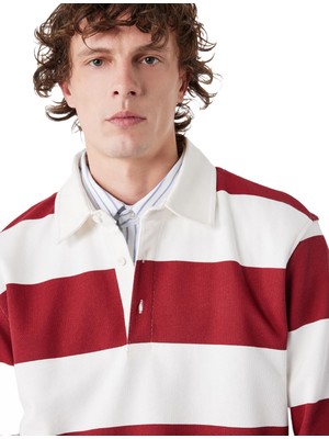 Vionna Uzun Kollu Pamuklu Düğmeli Polo Yaka Çizgili Sweatshirt