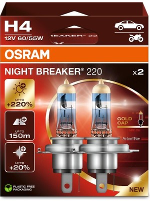 Vionna Osram H4 Night Braker 220 Ampul, 12V,%220 Fazla Işık, 2'li Paket