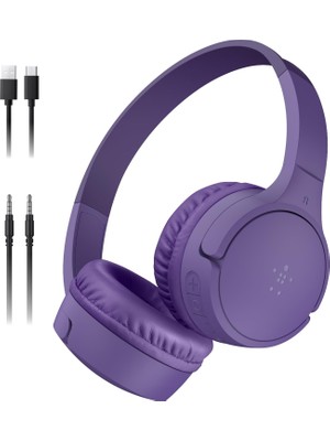 Vionna Belkin Soundform Mini Kablosuz Çocuk Kulaklığı, Entegre Mikrofonlu ve Eğlenceli Çıkartmalı, 30 Saat Oynatma – Ders, Tatil, Iphone, Ipad, Galaxy Için Kulak Üstü Kulaklık, Lila