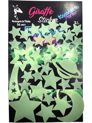 Vionna Giraffe Sticker Karanlıkta Parlayan Fosforlu Ay ve Yıldız Tasarımlı Dekoratif (36 Adet Gezegen Yıldız)