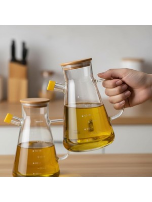 Vionna Deconox 2'li Büyük Boy Şeffaf Cam Yağdanlık Seti - Bambu Kapaklı ve Standlı Elmas Desenli Yağlık Sirkelik (2 x 900 Ml)