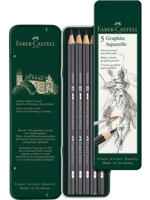 Vionna Faber-Castell Graphite Aquarelle Kurşun Kalem Seti, 5’li, Metal Kutu, Hb-2b-4b-6b-8b, Siyah Naturel, Suda Çözünür, Teknik Çizim ve Eskiz Için, Dayanıklı Uç