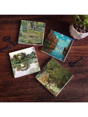 Vionna Pinecone Stone Claude Monet Sonbahar, Gül Çiçekli Kemer, Kırda Öğle Yemeği, Nilüfer Gölü Taş Bardak Altlığı Seti - 4 Parça - Dekoratif, Rustik Mutfak Aksesuarı, 10X10 Cm, Kaydırmaz Tabanlı SC531