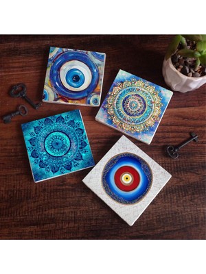 Vionna Pinecone Stone Nazar, Mandala Taş Bardak Altlığı Seti - 4 Parça - Dekoratif, Rustik Mutfak Aksesuarı, 10X10 Cm, Kaydırmaz Tabanlı, Şık ve Dayanıklı SC400