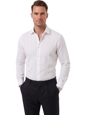 Deepsea Erkek Slim Fit %95 Pamuk Çizgi Dokulu Beyaz Ütü Gerektirmeyen Gömlek 2600002