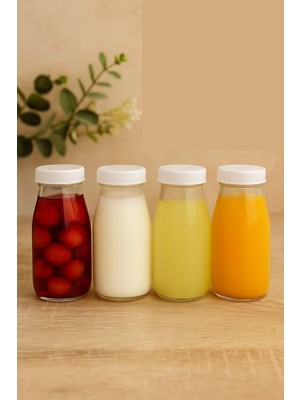 Vionna 4 Adet Beyaz Plastik Kapaklı 250 ml Şeffaf Sürahi Süt, Ayran, Su, Limonata, Meşrubat Şişesi Cam Şişe