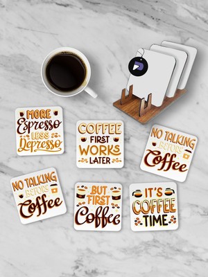 Vionna Postermanya (PSTER21269) Kahve Coffee Motto Standlı Ahşap Bardak Altlığı Seti, 6 Adet Baskılı Bardak Fincan Kahve Altlığı