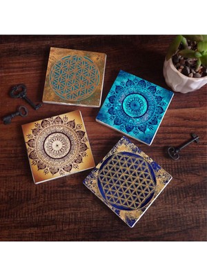 Vionna Pinecone Stone Mandala, Yaşam Çiçeği Taş Bardak Altlığı Seti - 4 Parça - Dekoratif, Rustik Mutfak Aksesuarı, 10X10 Cm, Kaydırmaz Tabanlı, Şık ve Dayanıklı SC289