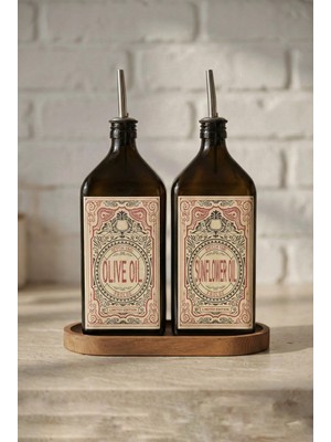 Vionna Frolde 2'li Ahşap Stantlı Çeliktıpalı 500 ml Cam Ayçiçek Yağı Zeytinyağı Şişesi Yağdanlık Vintage Retro (Ya) (Froldeared)