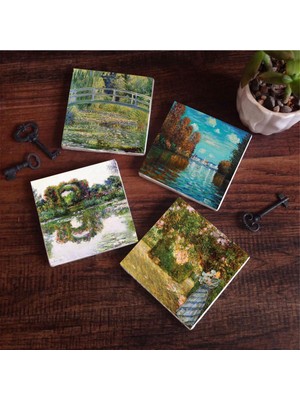 Vionna Pinecone Stone Claude Monet Sonbahar, Bahçede, Gül Çiçekli Kemer, Nilüfer Gölü Taş Bardak Altlığı Seti - 4 Parça - Dekoratif, Rustik, 10X10 Cm, Kaydırmaz Tabanlı, Şık ve Dayanıklı SC532