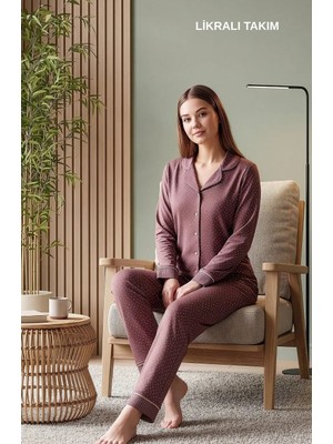 Over Sleep by Poleren Önden Düğmeli Uzun Kollu Kadın Pijama Takımıı