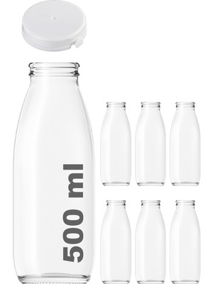 Vionna 500 ml Şeffaf Sürahi Süt, Ayran, Su, Limonata, Meşrubat Şişesi 500 cc Yırtmalı Kapaklı Cam Şişe 6 Adet (6, Beyaz Kilitli Kapak, 500)