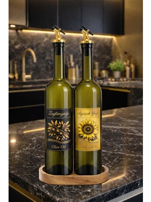 Vionna Zeytinyağı ve Ayçiçek Yağı Şişesi Seti, Altın Etiket ve Yağdanlık Aparatlı, Ahşap Standlı 750 Ml, 2 Adet, Yeşil Cam Şişe (Standlı, Altın)