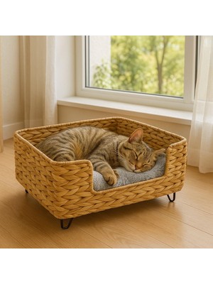 Vionna Deconox El Yapımı Hasır Örgü Kedi Yuvası, Yumuşak Minderli, El Yapımı Dekoratif Hasır Yumuşak Minderli Kedi Yatagı, Tamamen Doğal (50CM*40CM*20CM)