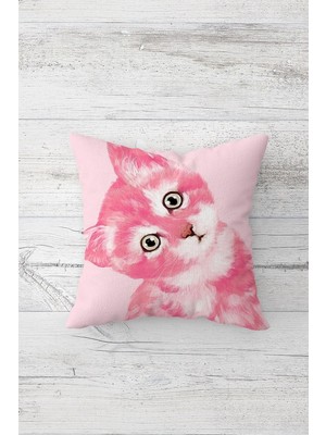 Vionna Pelangi Sevimli Kedi Desenli Çift Tarafı Baskılı Gizli Fermuarlı Yastık Kılıfı Kırlent Koltuk Yastık Kılıfı, Pembe-Pudra-Beyaz 45 x 45