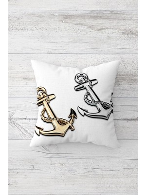 Vionna Pelangi Gold Gümüş Çapa Desen Çift Tarafı Baskılı Gizli Fermuarlı Yastık Kılıfı Kırlent Koltuk Yastık Kılıfı, Beyaz-Gümüş-Bronz 45 x 45