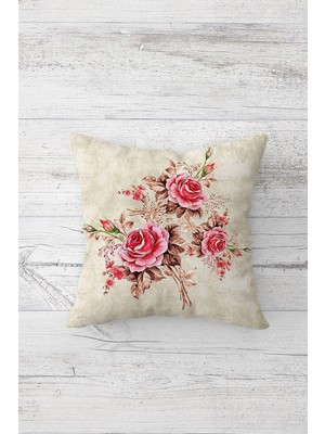 Vionna Pelangi Vintage Pembe Gül Buketi Çift Taraflı Gizli Fermuarlı Yastık Kılıfı Kırlent Koltuk Yastık Kılıfı, Krem-Pembe 45 x 45
