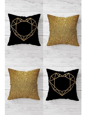 Vionna Pelangi Geometrik Kalp ve Gold Payet Desen Gizli Fermuarlı Kırlent Kılıfı Koltuk Yastık Kılıfı TAKIM(4ADET), Gold-Siyah 45 x 45