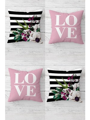 Vionna Pelangi Love Yazılı ve Çiçekli Kombin Gizli Fermuarlı Kırlent Kılıfı Koltuk Yastık Kılıfı TAKIM(4ADET), Pembe-Siyah 43 x 43