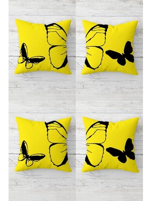 Vionna Pelangi Vintage Kelebek Yarısı Desen Gizli Fermuarlı Kırlent Kılıfı Koltuk Yastık Kılıfı TAKIM(4ADET), Sarı-Siyah 45 x 45