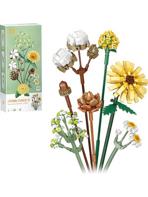 Vionna FUN4KID Mini Bloklar Çiçek Buketi Yapı Setleri, Yapay Çiçekler, Yapı Taşları, Dekorasyon, Ev, 646 Adet, Yetişkinler Için Botanik Koleksiyonu (Pamuk/çam Kozalakları/gerbera/craspedia)