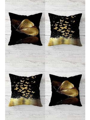 Vionna Pelangi Gold Kelebek Desenli Kelebekli Gizli Fermuarlı Kırlent Kılıfı Koltuk Yastık Kılıfı TAKIM(4ADET), Gold-Siyah 43 x 43