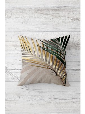 Vionna Pelangi Gold Yeşil Iğne Yaprak Çift Tarafı Baskı Gizli Fermuarlı Yastık Kılıfı Kırlent Koltuk Yastık Kılıfı, Bej-Gold 45 x 45