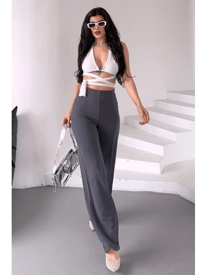 Paw Garage Kadın Silver Likralı Kemersiz Palazzo Pantolon, 4 Mevsim Krep Toparlayıcı Kumaş