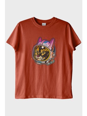 Lofux Astrocat Renkli Astronot Kedi Baskılı Kiremit Tişört