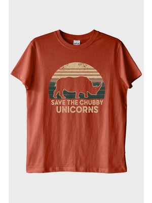 Lofux Save The Chubby Unicorns Retro Gergedan Baskılı Kiremit Tişört