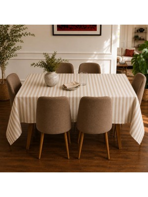 Vionna March Living Linea Leke Tutmaz Masa Örtüsü, Su Itici ve Silinebilir, Iç ve Dış Mekan, Yıkanabilir, Kırışmaz, Keten Görünümlü, Bej Ince Çizgili, 170X350 cm (10-12 Kişilik)