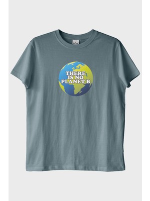 Lofux There Is No Planet B Dünya Resimli Baskılı Mavi Tişört