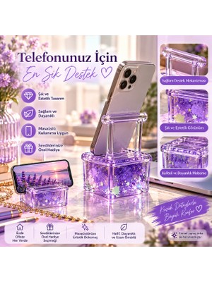 Haneliya Mor Dekoratif Telefon Tutucu – Masaüstü Telefon Standı Simli Şeffaf Tasarım