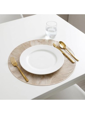 Vionna Deconox 6'lı Plastik Amerikan Servis Seti, Yuvarlak 38 cm Gold Yaprak Desenli Supla, Yıkanabilir Silinebilir Tabak Altlığı, Yemek Masası Servis Sunum Matı