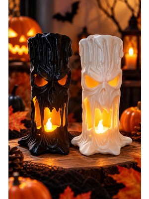 Printella 31 Ekim Halloween Dekoru 2'li Korku Temalı Dekoratif Mum Seti + 2 LED Mum Hediyeli
